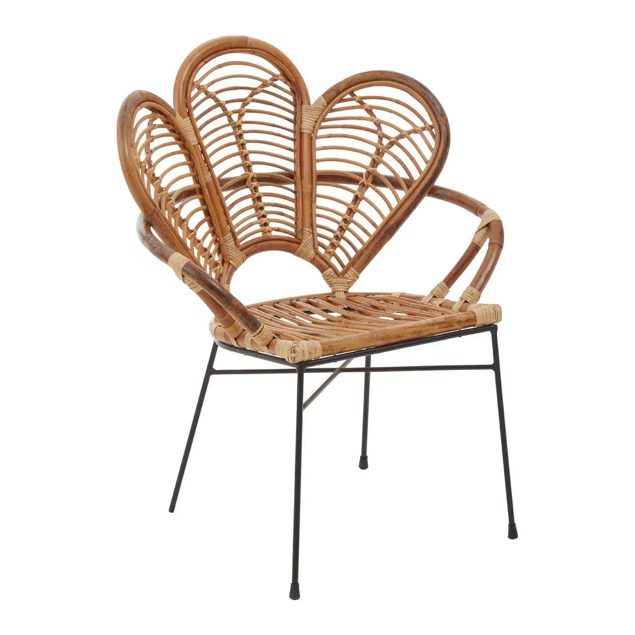 Natural rattan accent chair with petal-shaped backrest and black metal legs on white background