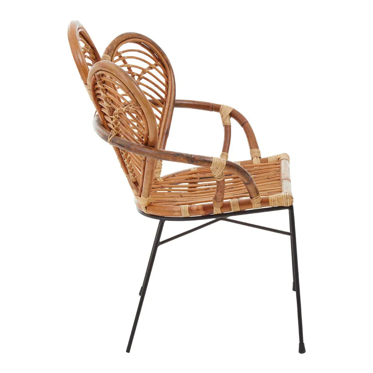 Side view rattan dining chair with black metal legs, curved armrests and woven backrest