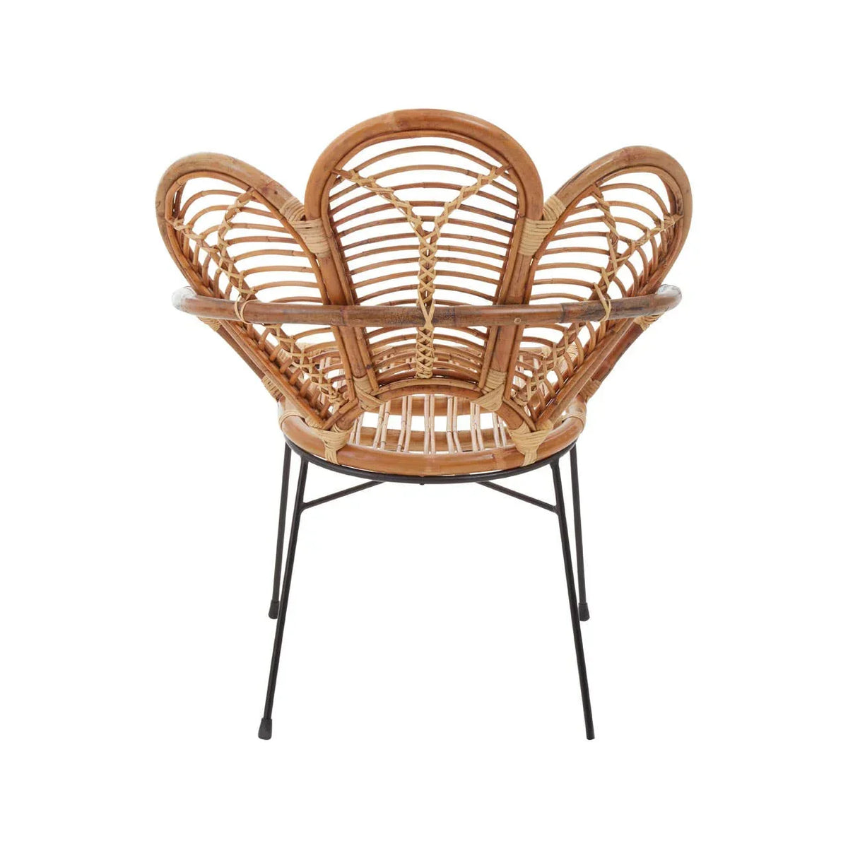 Natural rattan accent chair with curved backrest and black metal legs, front view