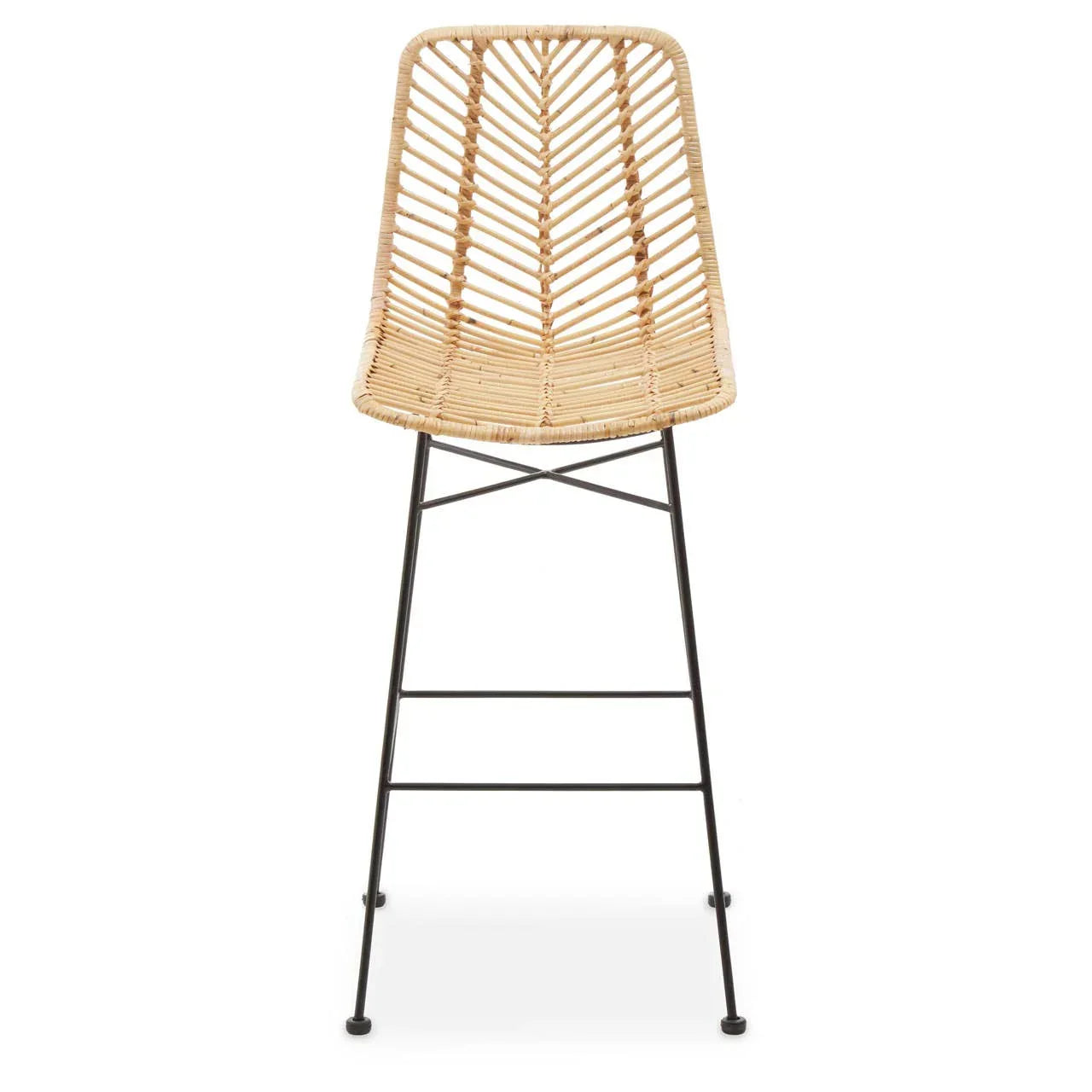 Rattan bar stool with black metal legs and chevron woven seat, front view