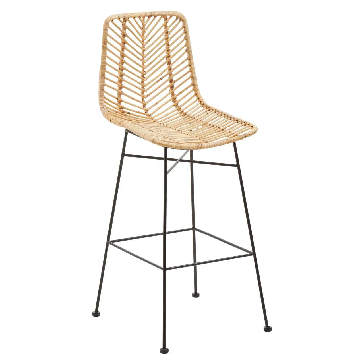 Rattan bar stool with black metal legs and woven patterned seat, side view