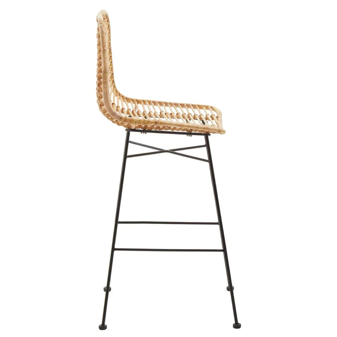 Natural rattan bar stool with black metal legs, side profile view