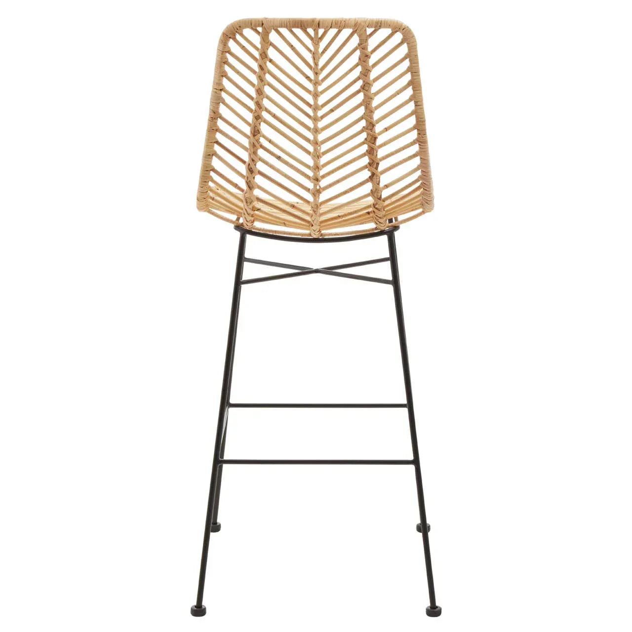 Rattan bar stool with woven seat and black metal legs, front view