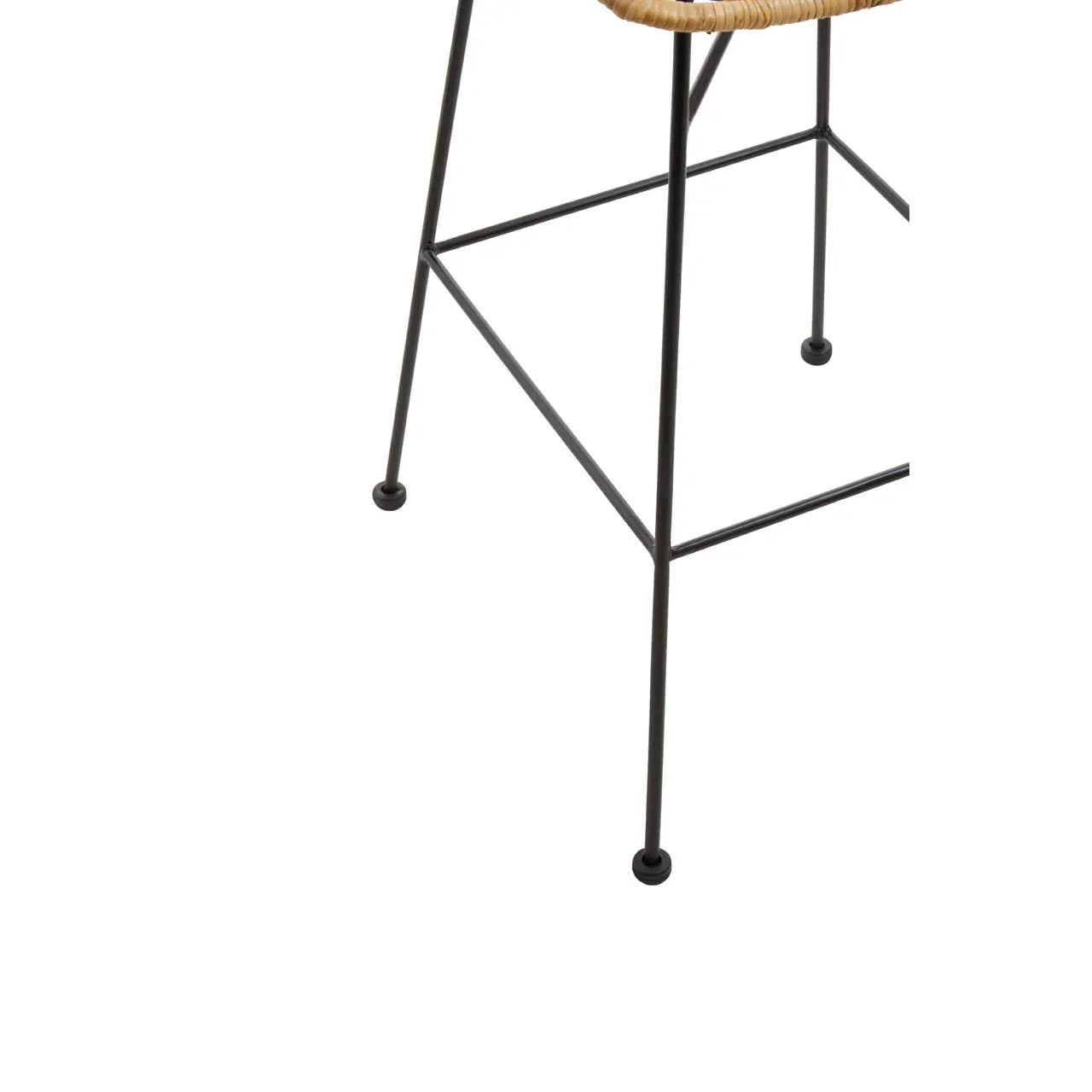 Bar stool with black metal legs and footrest, partial view showing woven seat edge