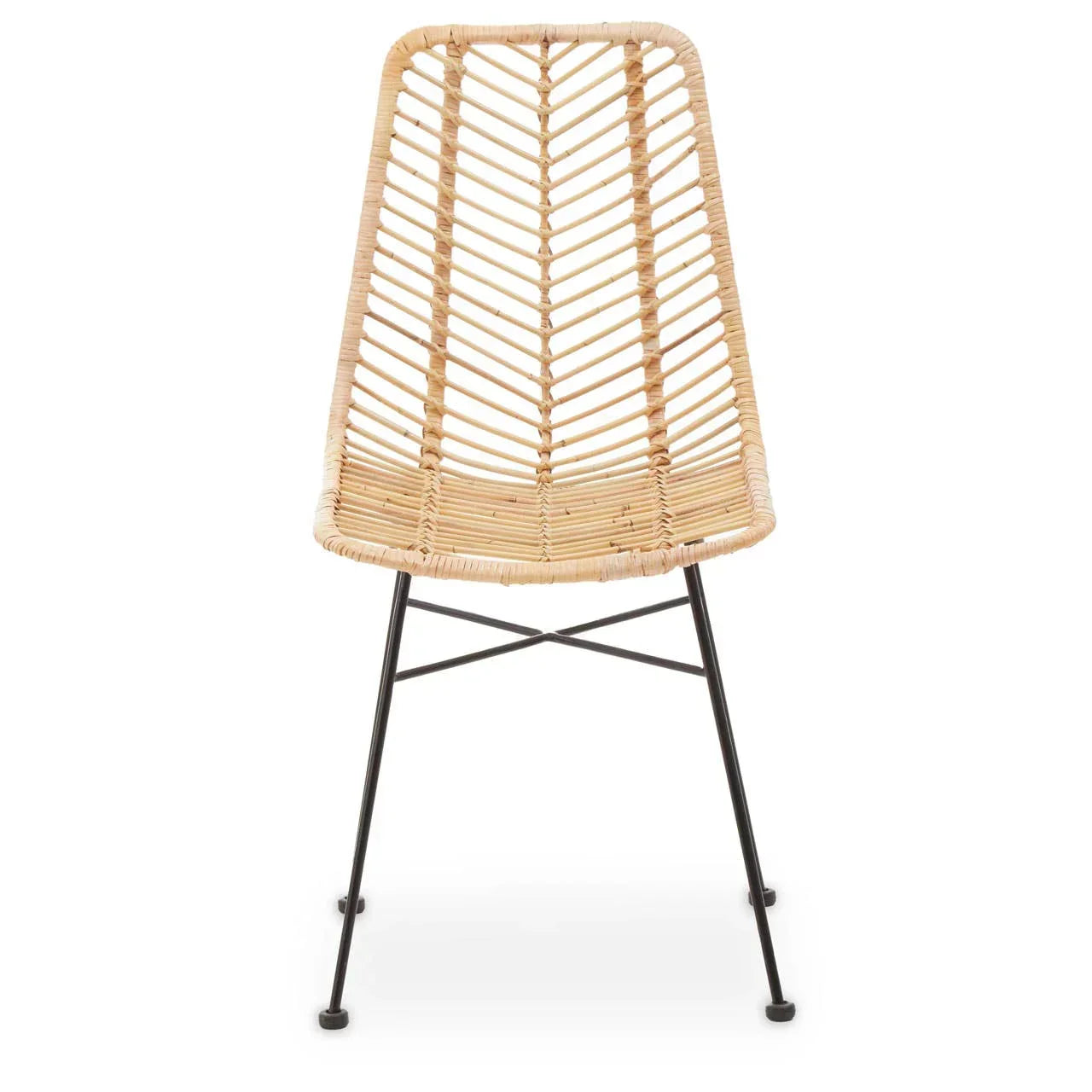 Natural rattan dining chair with black metal legs, front view against white background