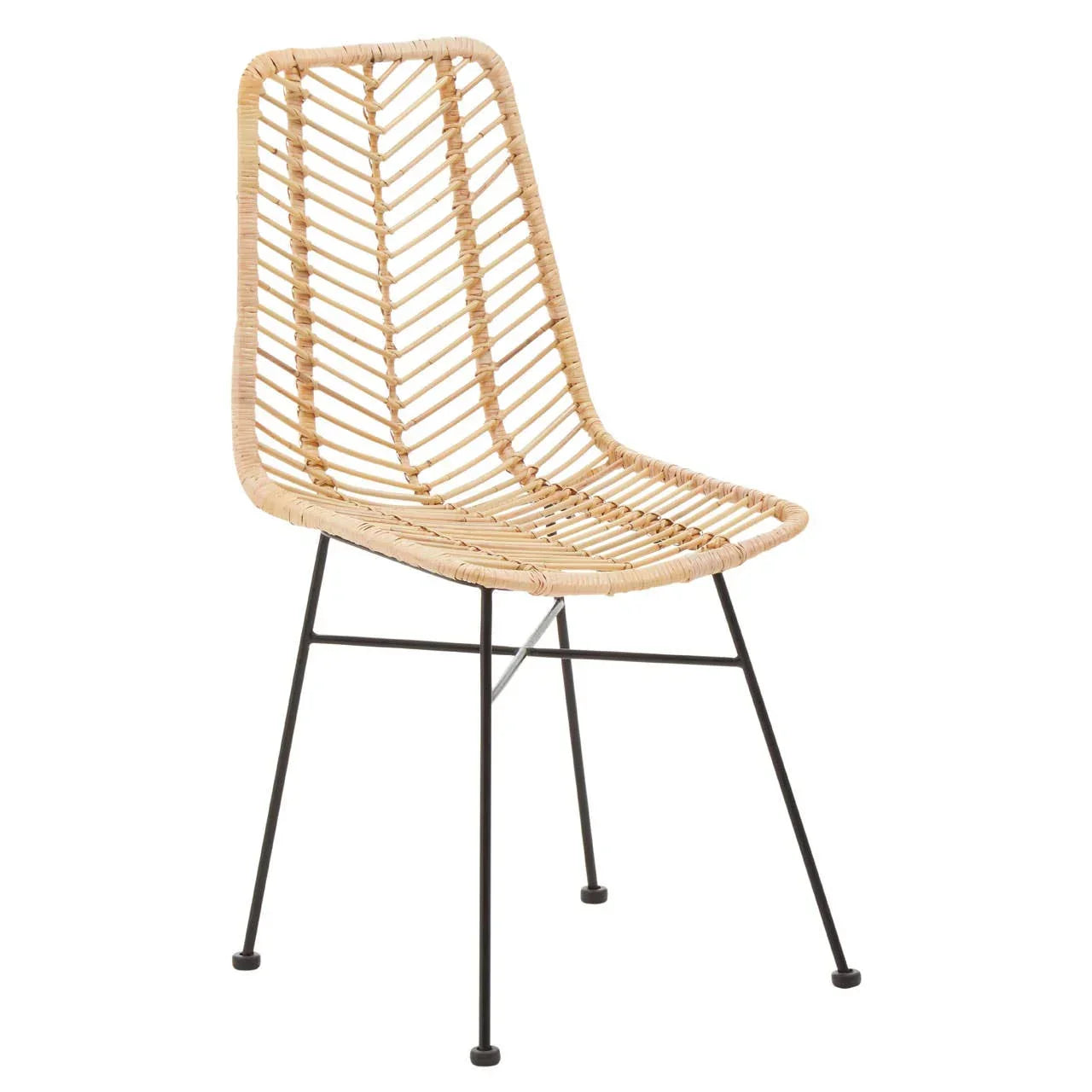 Rattan dining chair with black metal legs and open weave seat, angled side view