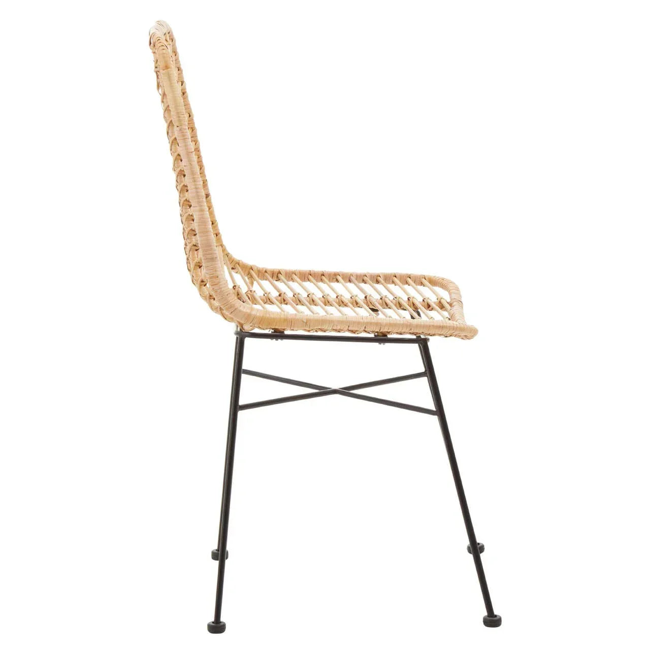 Side view rattan dining chair with black metal legs and woven seat