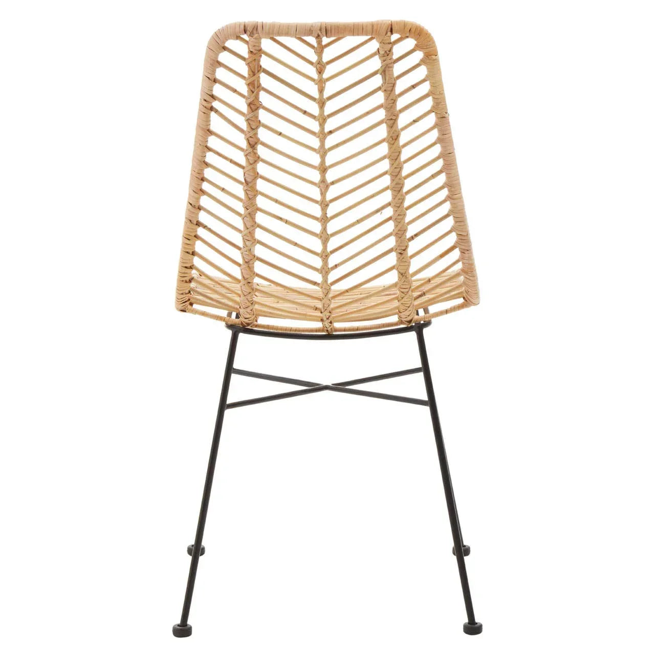 Rattan dining chair with black metal legs and open weave backrest, front view
