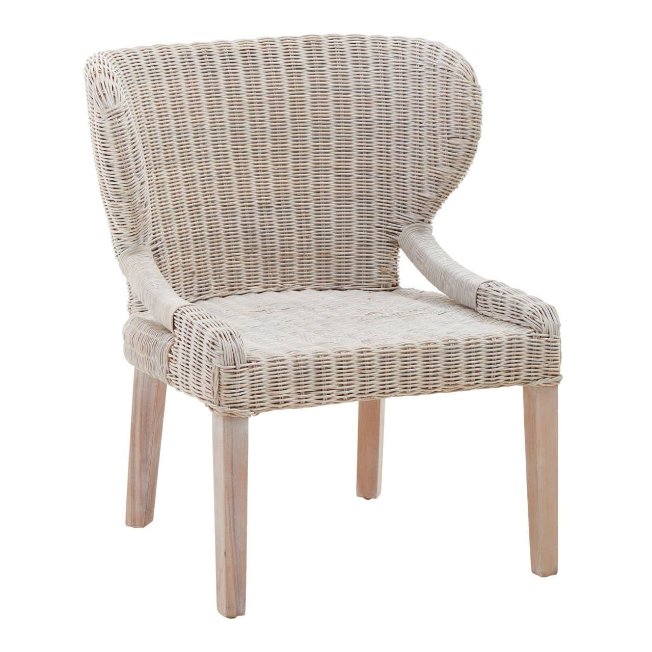 Wicker chair with a curved backrest and armrests, featuring a light beige woven pattern and wooden legs