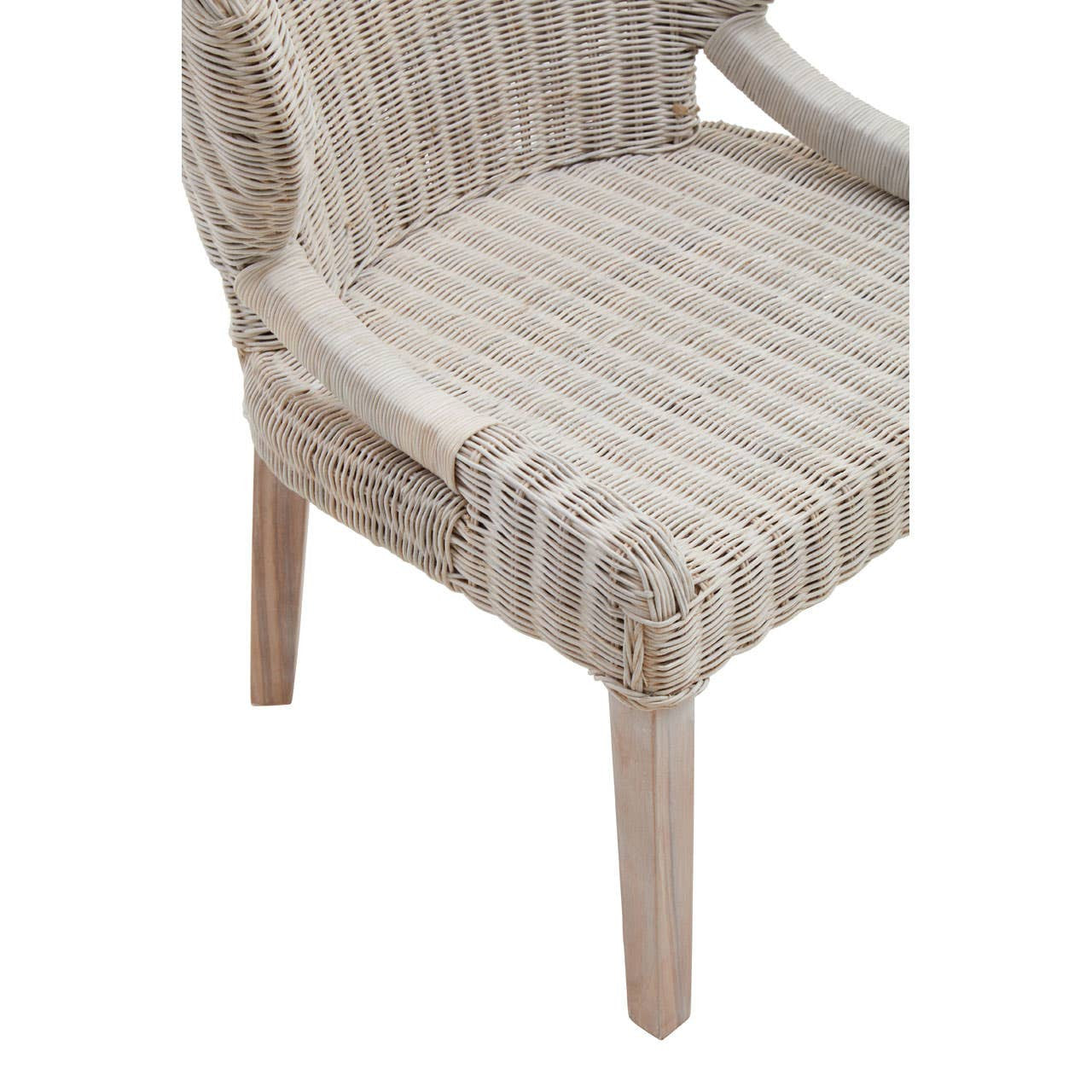 Wicker chair with a light beige and cream striped pattern, featuring rounded arms and a comfortable seat, supported by four light wooden legs