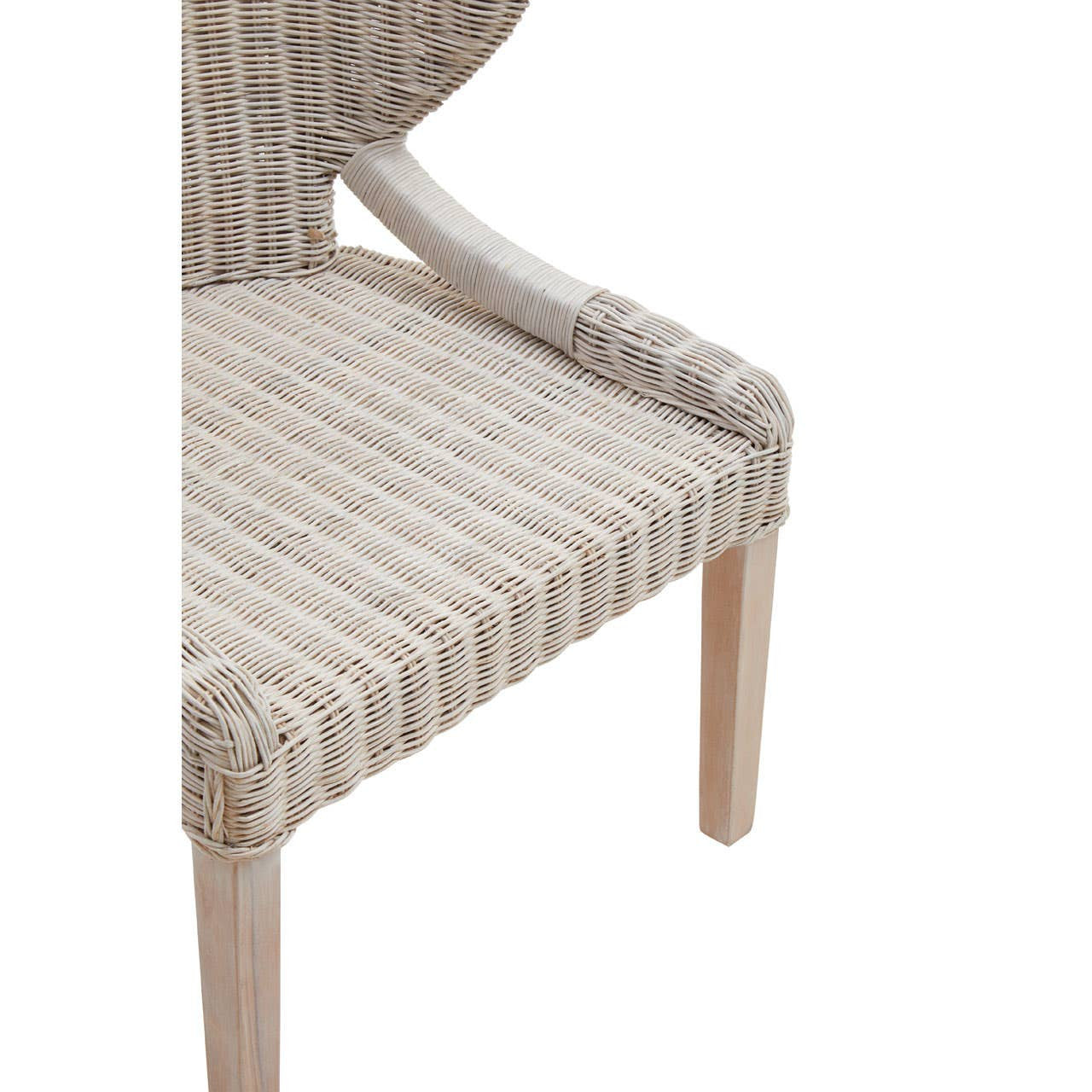 Wicker chair featuring a textured seat and backrest with a light beige and cream striped pattern, complemented by natural wood legs