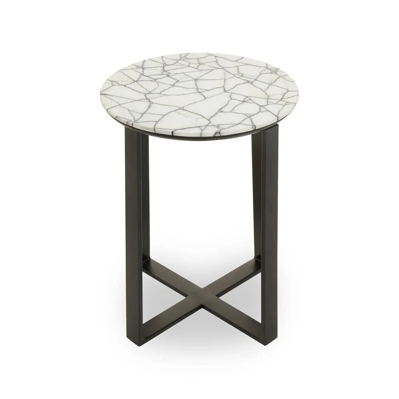 Round marble top side table with black metal legs and cross base