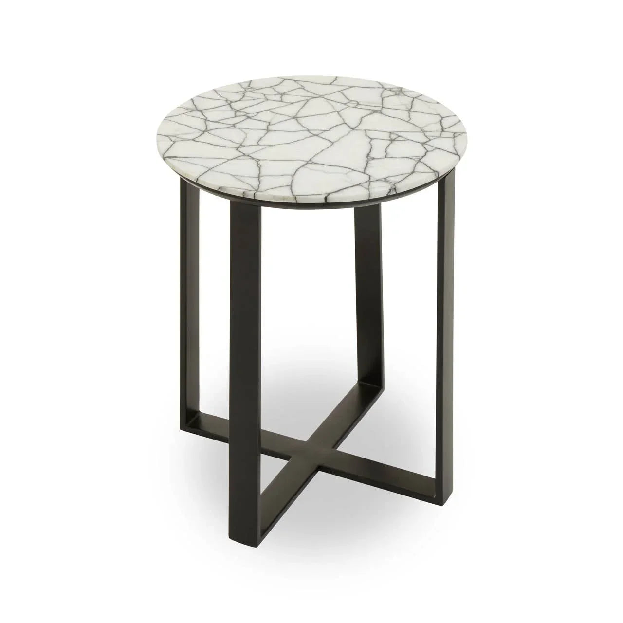 Round marble side table with black metal legs and crossed base