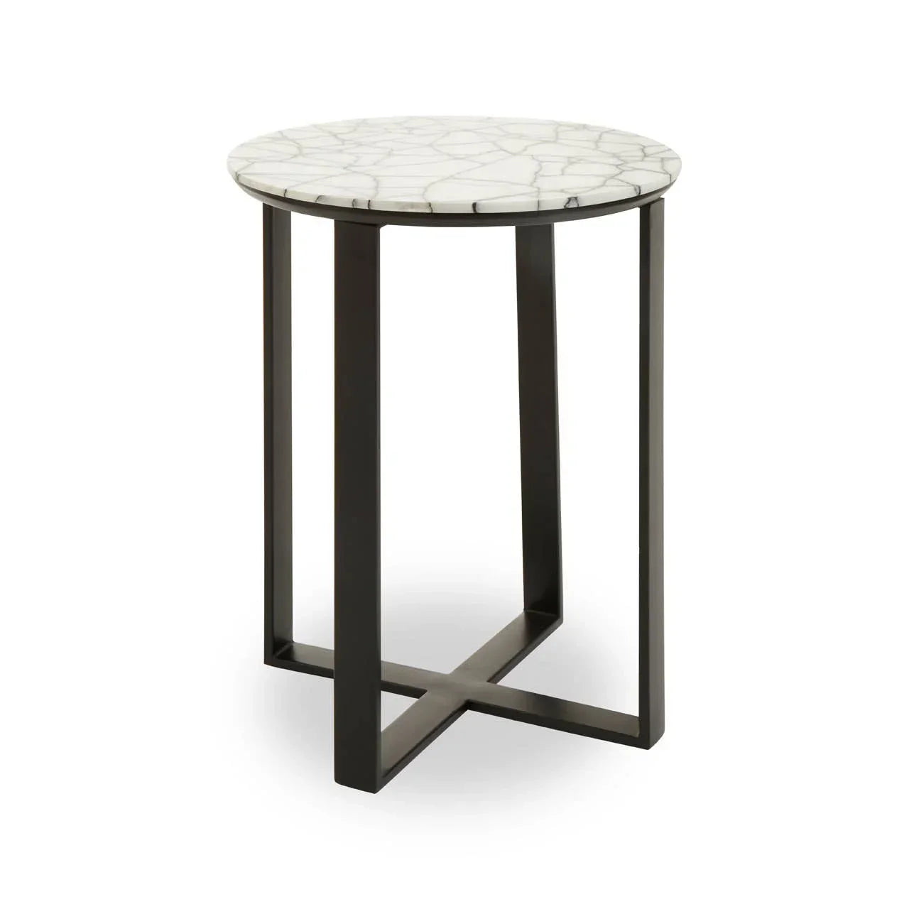 Round marble side table with black metal legs and cross base