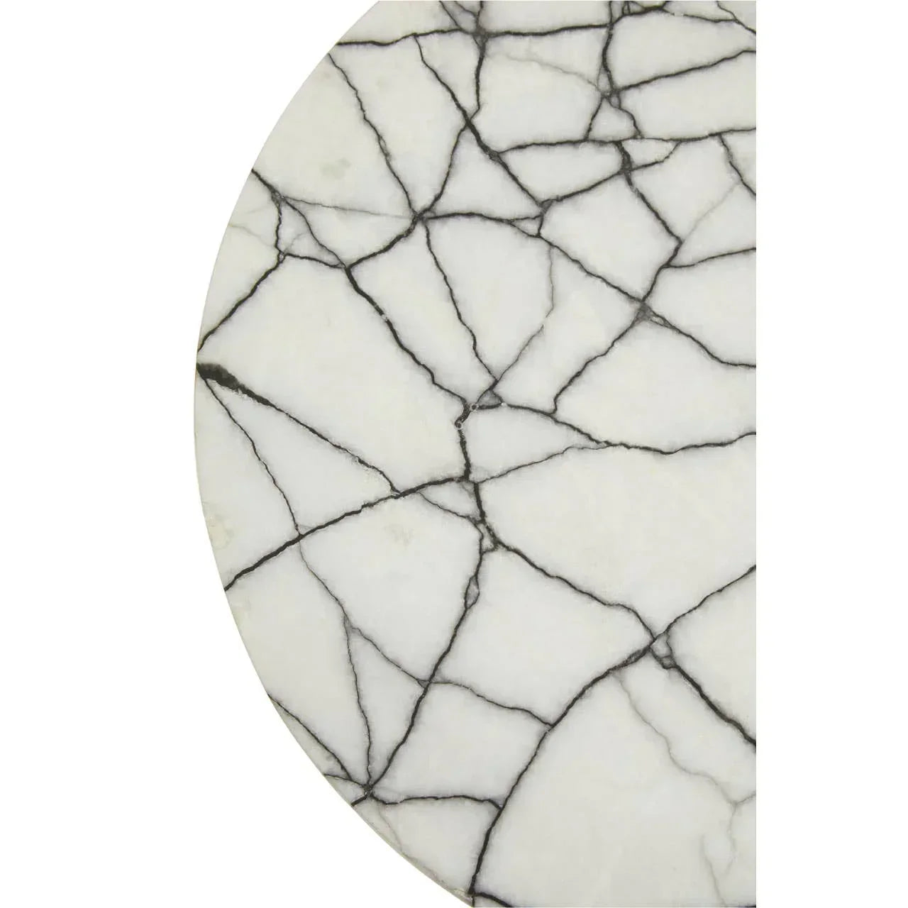 Round white marble table top with black veining pattern, close-up view