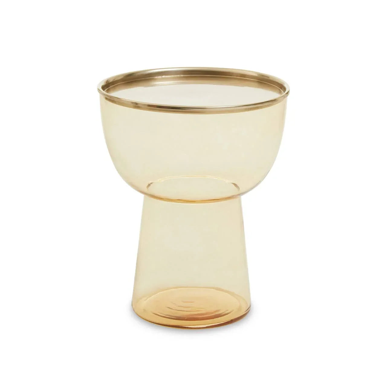 Amber glass side table with gold rim and cylindrical base on white background