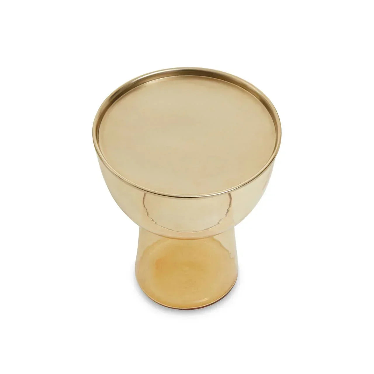 Round gold metal side table with smooth surface and pedestal base, viewed from above