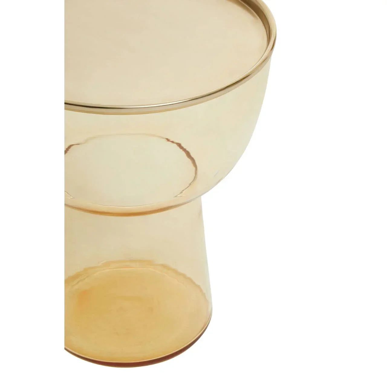 Round amber glass side table with smooth cylindrical base and wide top