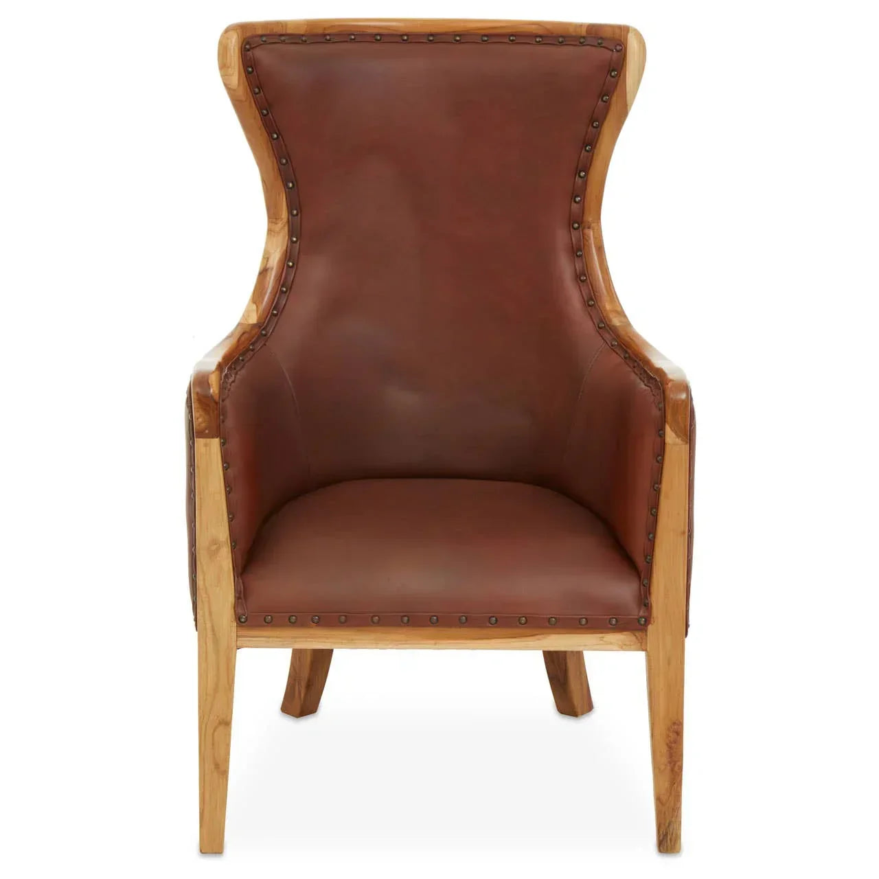 Brown leather armchair with wooden frame and studded detail, front view