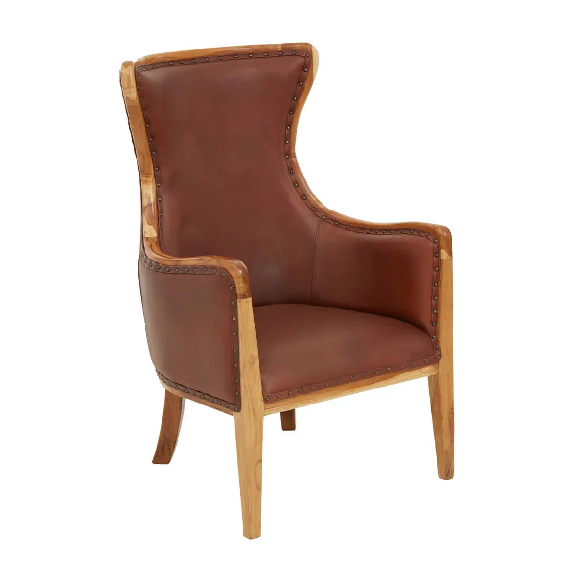 Brown leather accent chair with wooden frame and stud detailing, front angle view