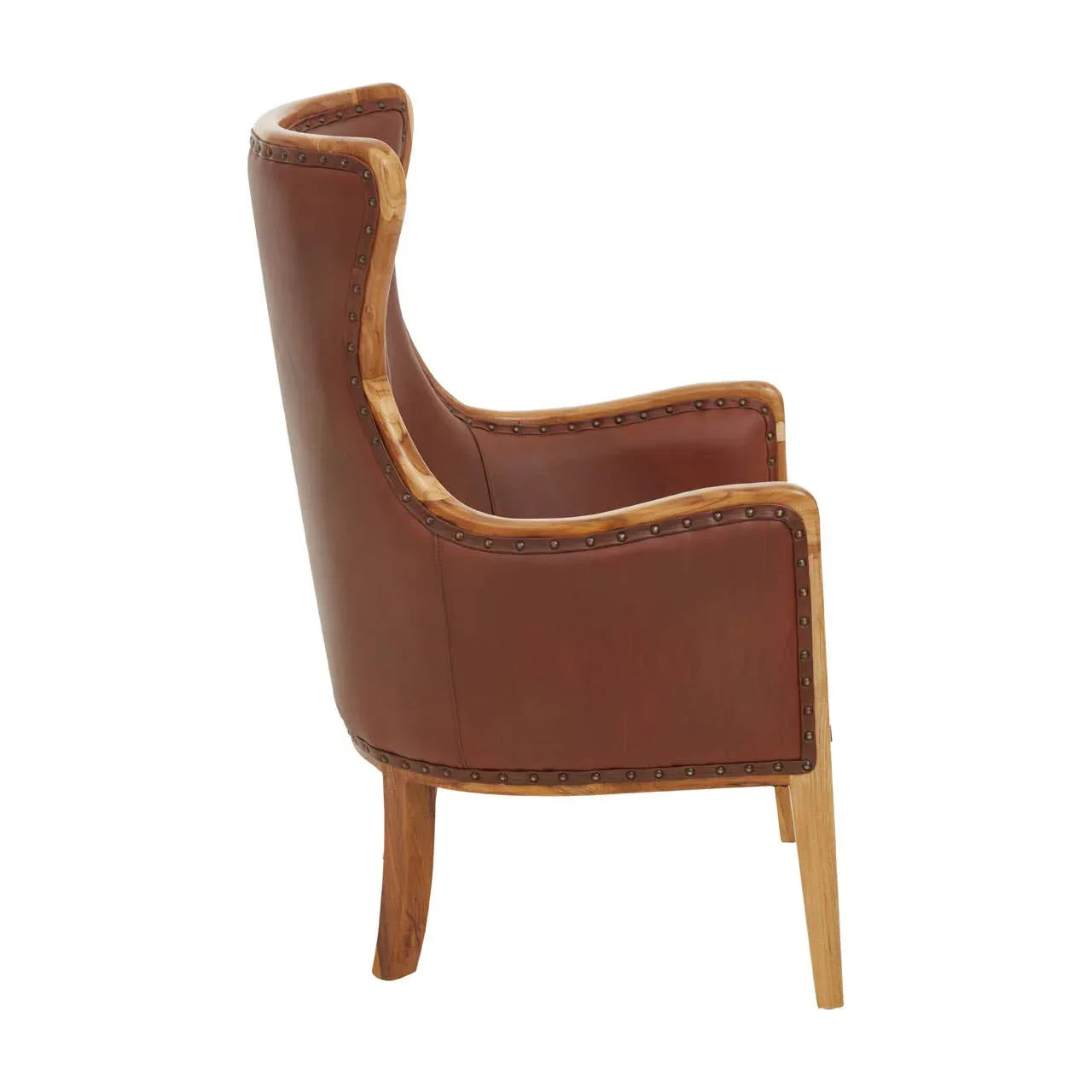 Brown leather armchair with wooden frame and studded trim, side view