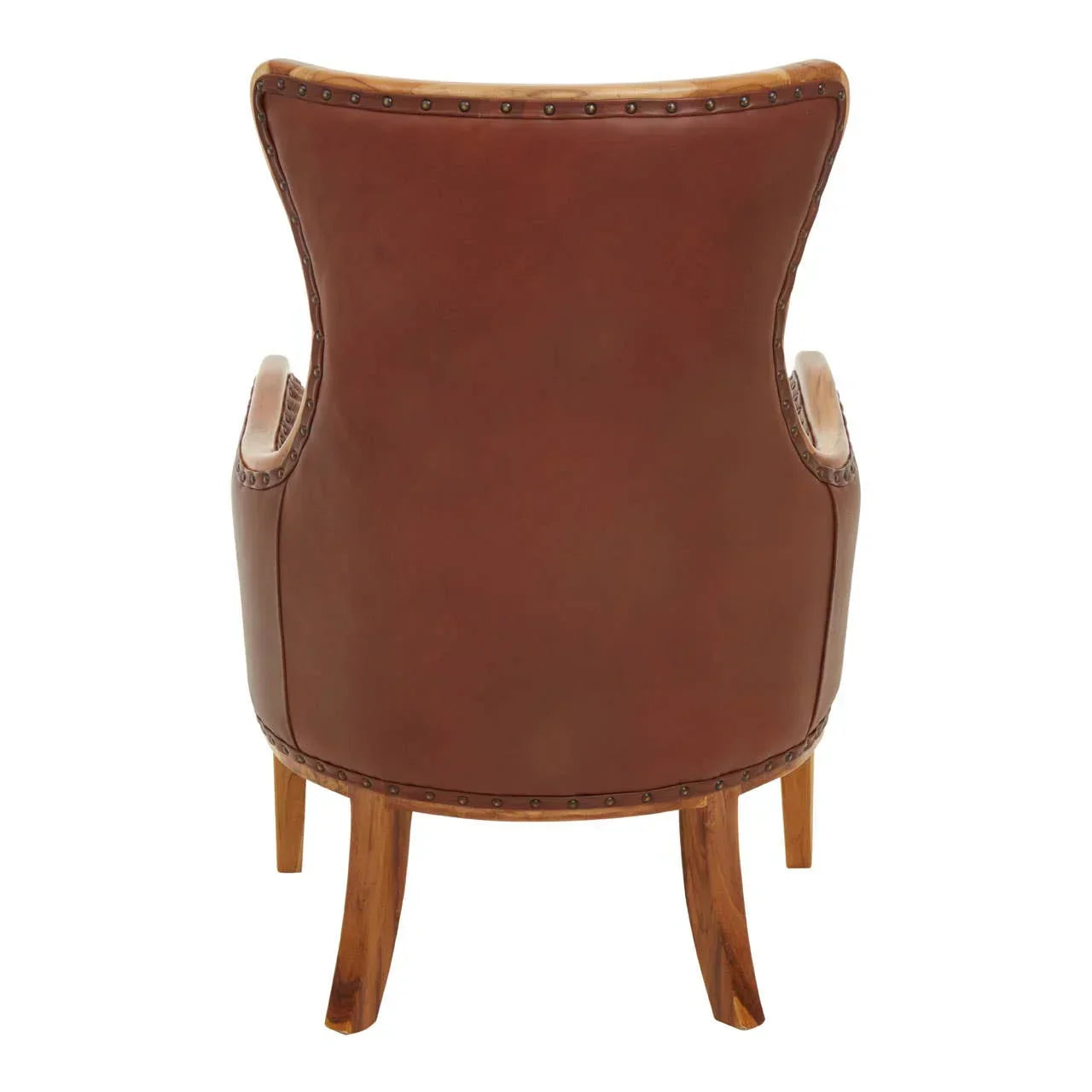 Back view of brown leather armchair with wooden legs and stud detailing