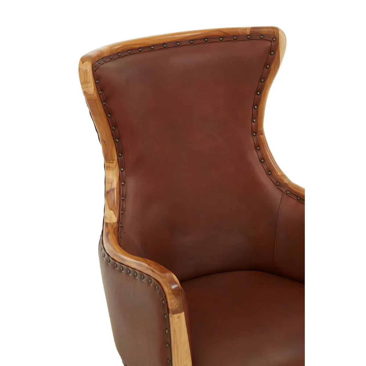 Brown leather armchair with high back, wooden trim, and decorative nailhead detail