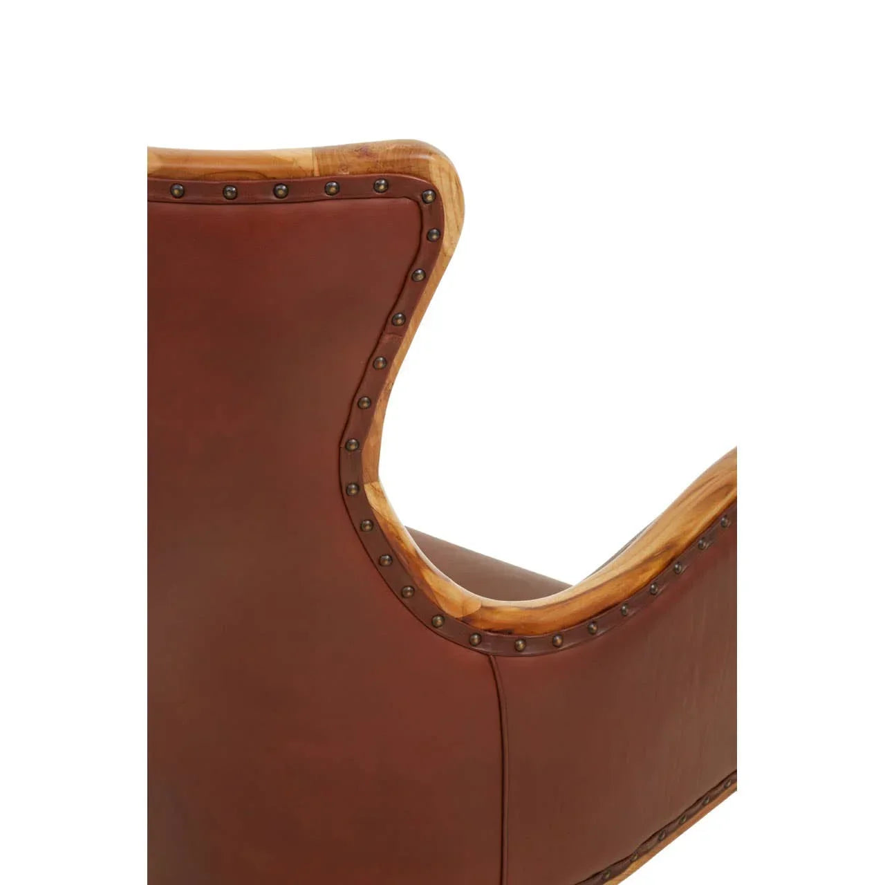 Brown leather armchair backrest with wooden trim and brass stud detailing