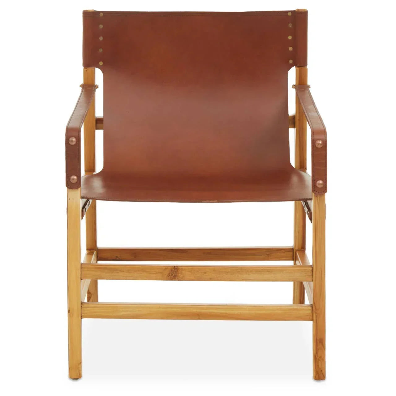 Brown leather accent chair with wooden frame and armrests, front view