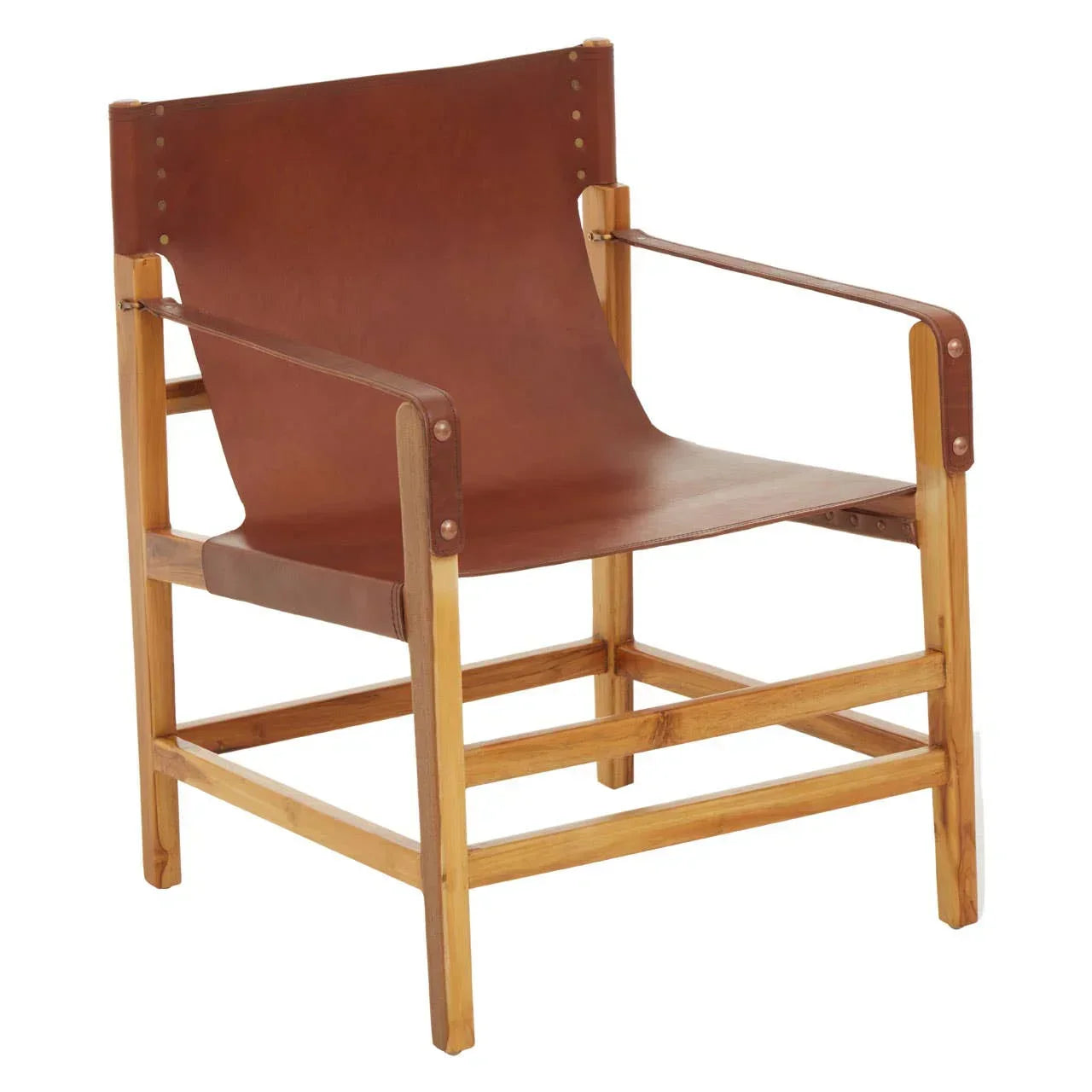 Brown leather accent chair with wooden frame and armrests, angled side view