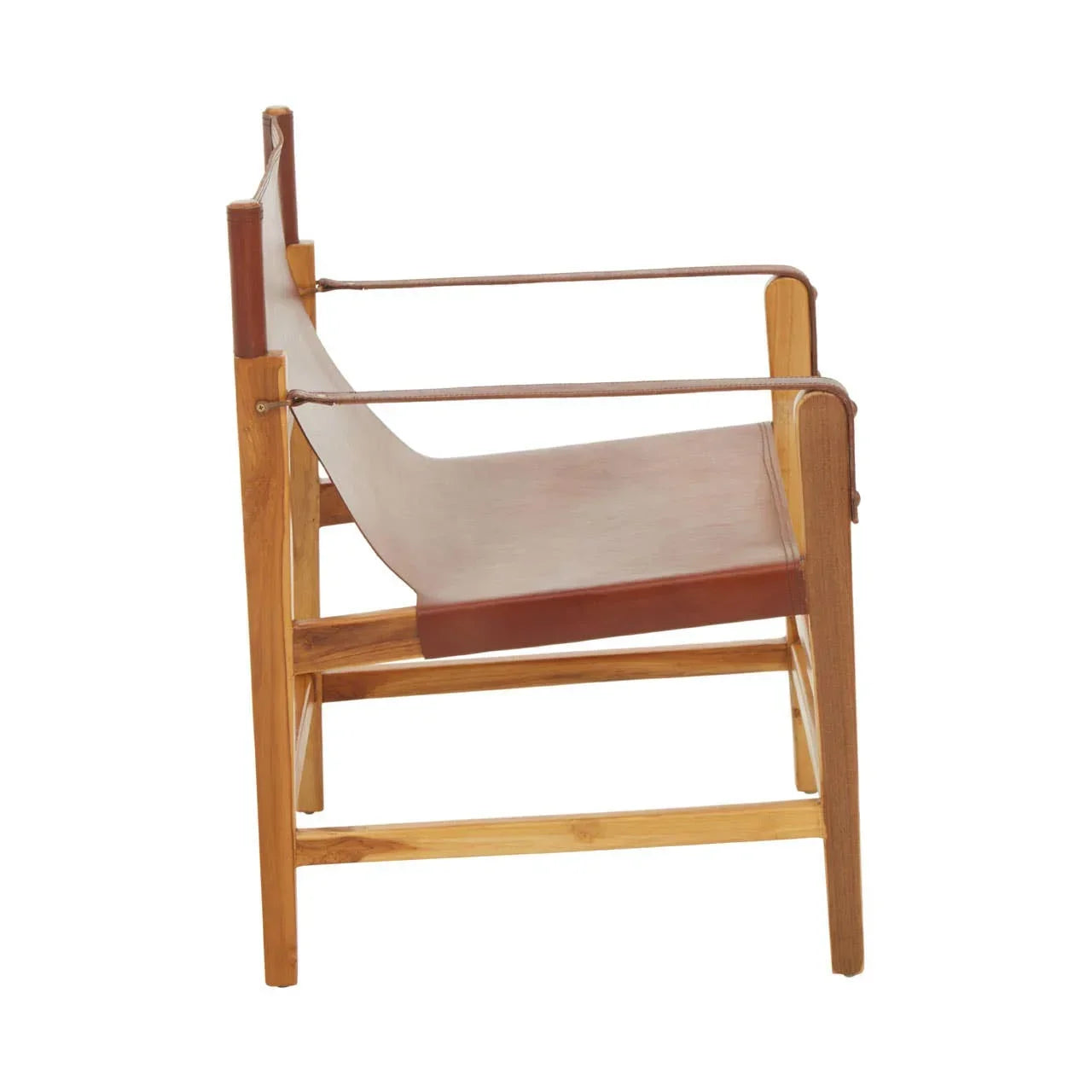 Side view of brown leather lounge chair with wooden frame