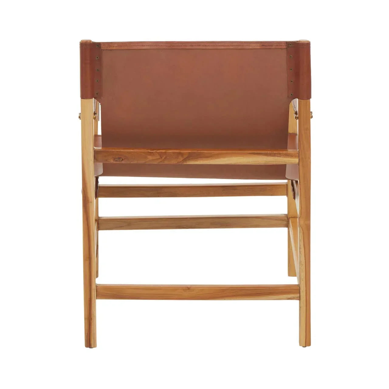 Rear view of wooden dining chair with brown leather backrest