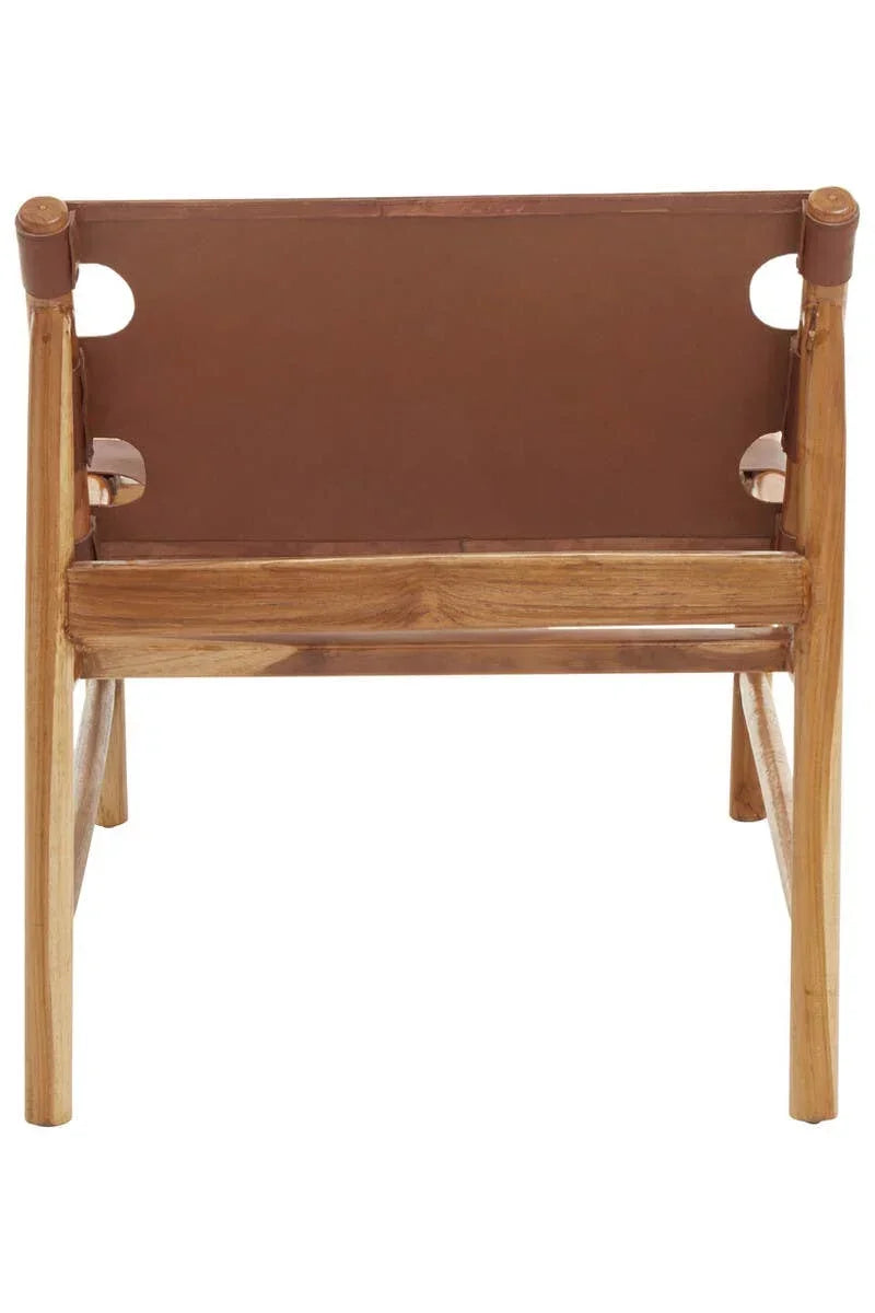 Rear view of wooden accent chair with brown leather backrest and frame details