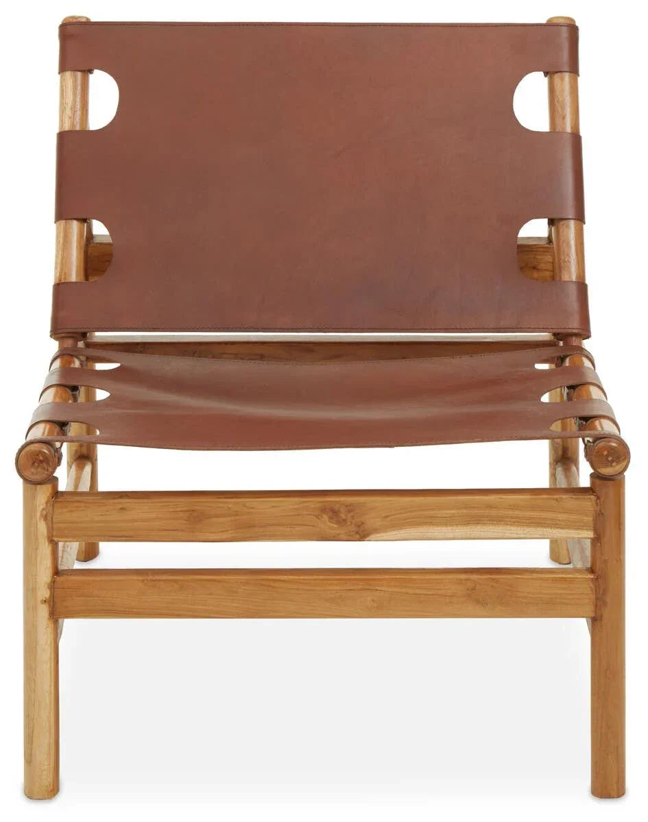 Front view teak wood accent chair with brown leather sling seat and backrest