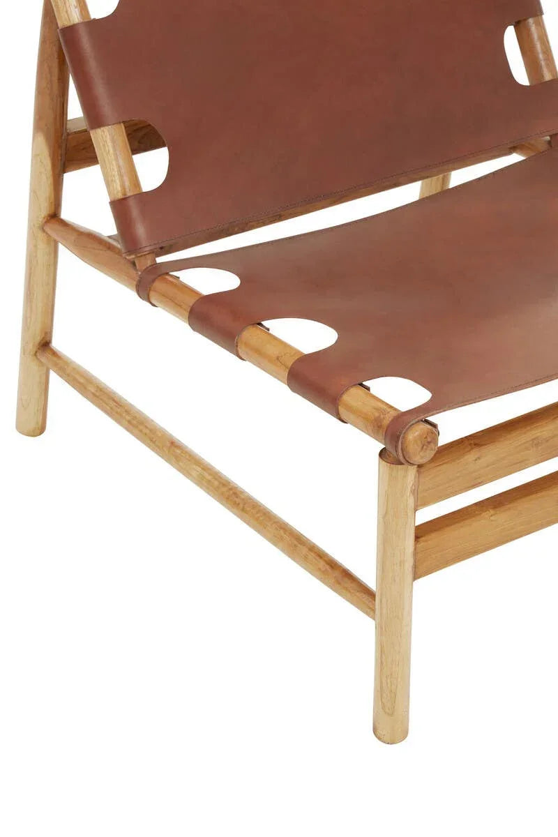 Brown leather lounge chair seat with light wood frame and modern cutout detail