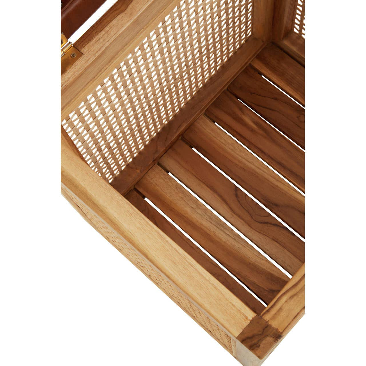 A close-up view of the interior of a Kendari Rattan and Leather Storage Box Side Table, showcasing the wooden slats and woven rattan design. The natural wood finish highlights the craftsmanship and texture of the materials used