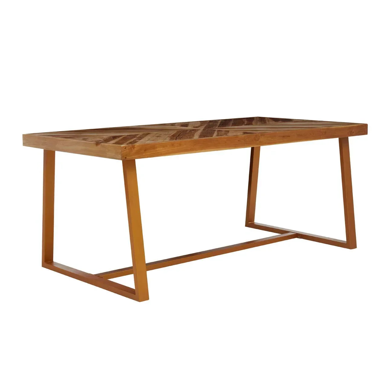 Rectangular wooden dining table with patterned top and angled legs