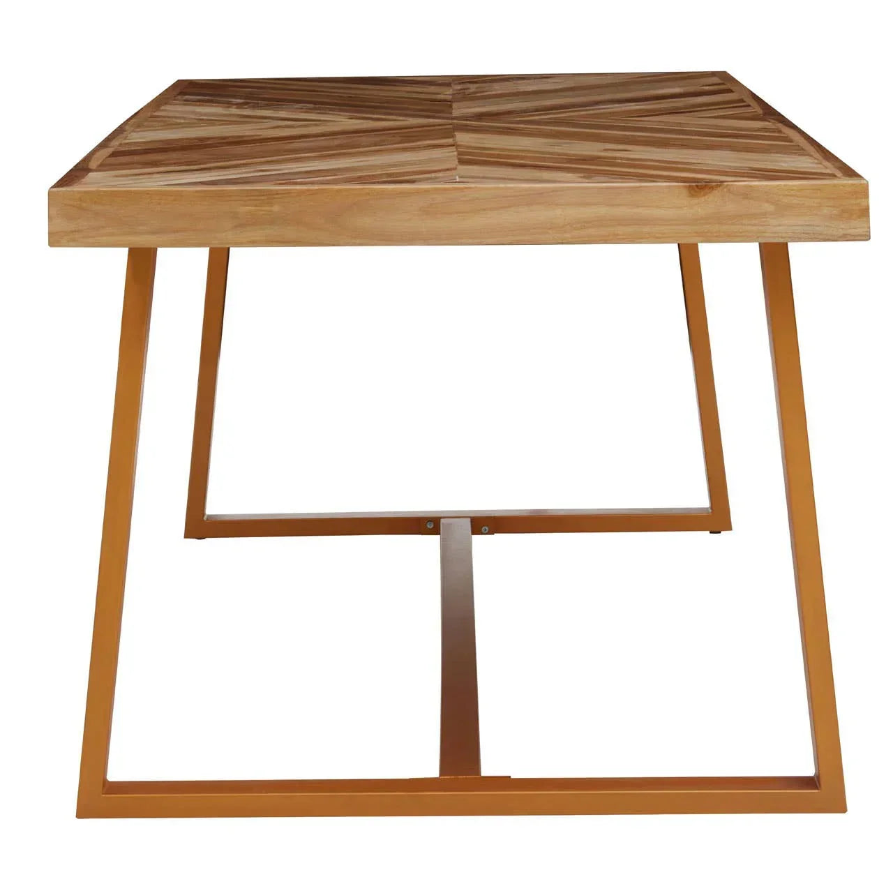 Rectangular wood dining table with chevron top and metal frame, front angle view