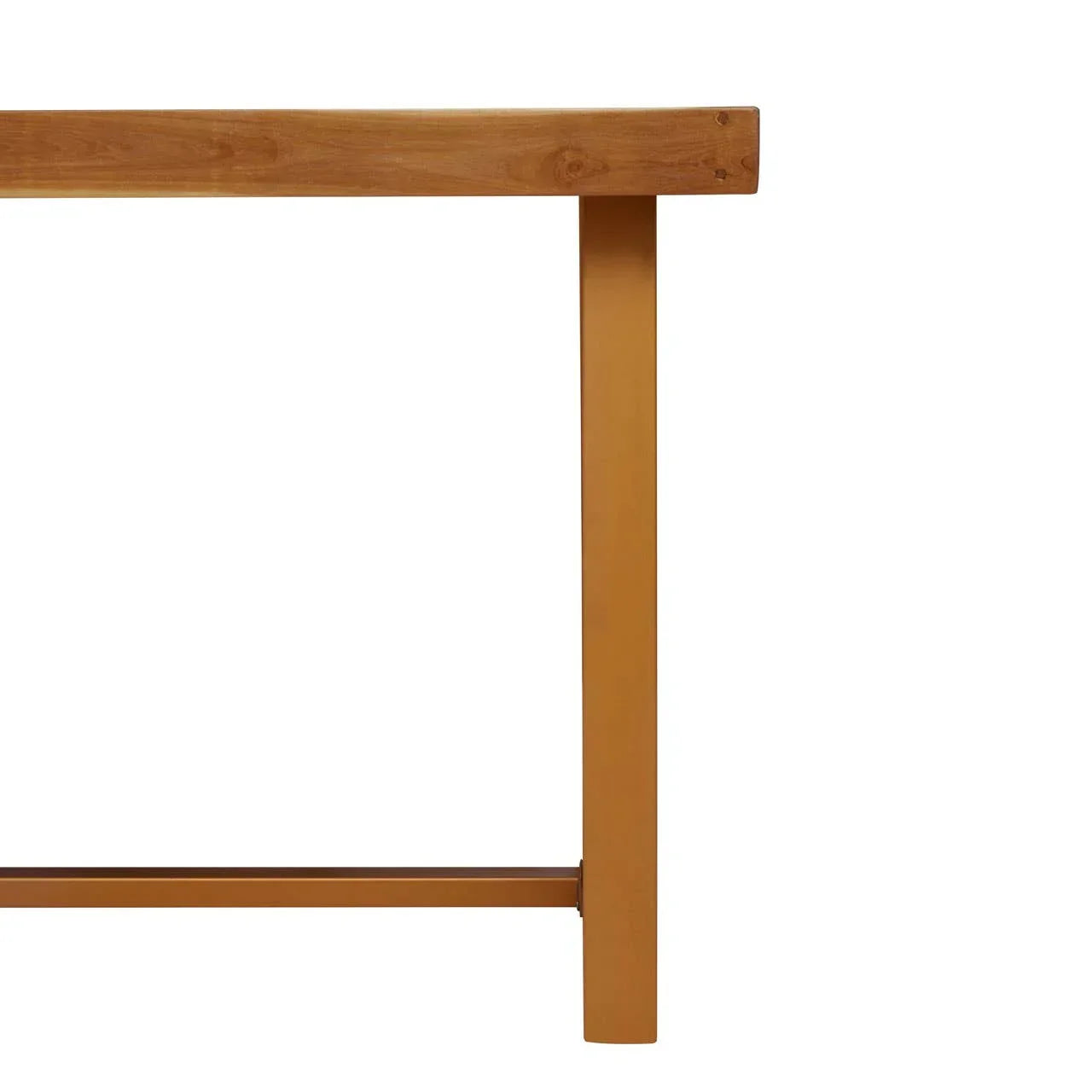 Close up of wooden dining table leg with natural oak finish and simple straight edge design