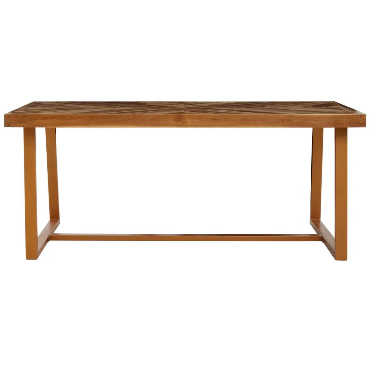 Rectangular wooden dining table with geometric patterned top and metal legs