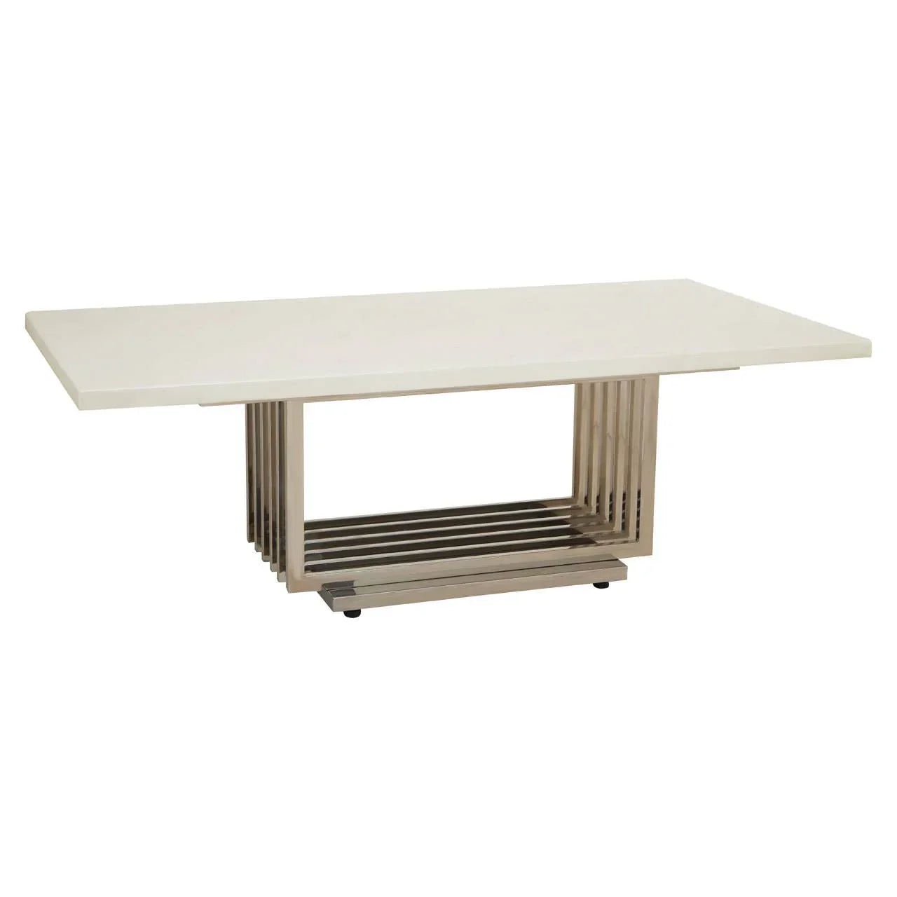 Rectangular marble dining table with metal geometric base, side view