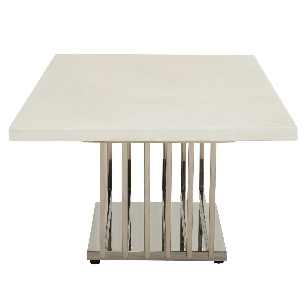 Modern dining table with white rectangular top and chrome metal base, front view