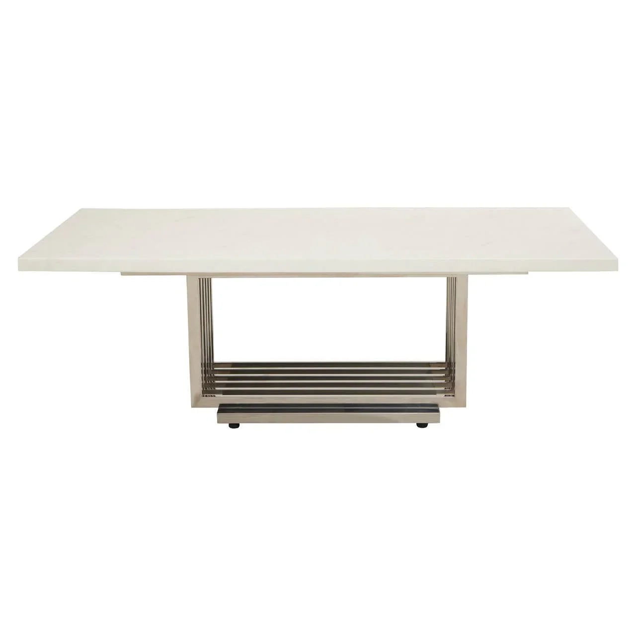 Rectangular dining table with white marble top and metal geometric base, front view