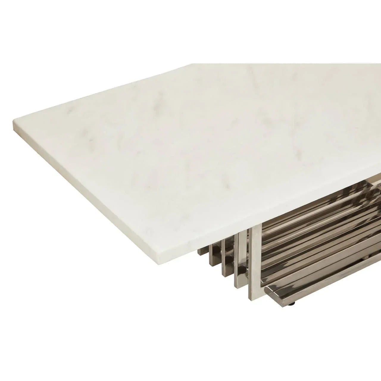 Rectangular marble coffee table with polished chrome base, modern design, corner view