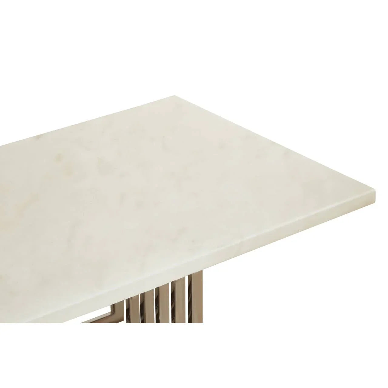 Rectangular marble dining table top with polished chrome leg detail, corner view