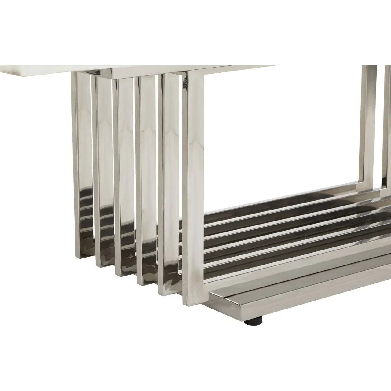 Polished chrome console table base with geometric metal slats and modern design detail