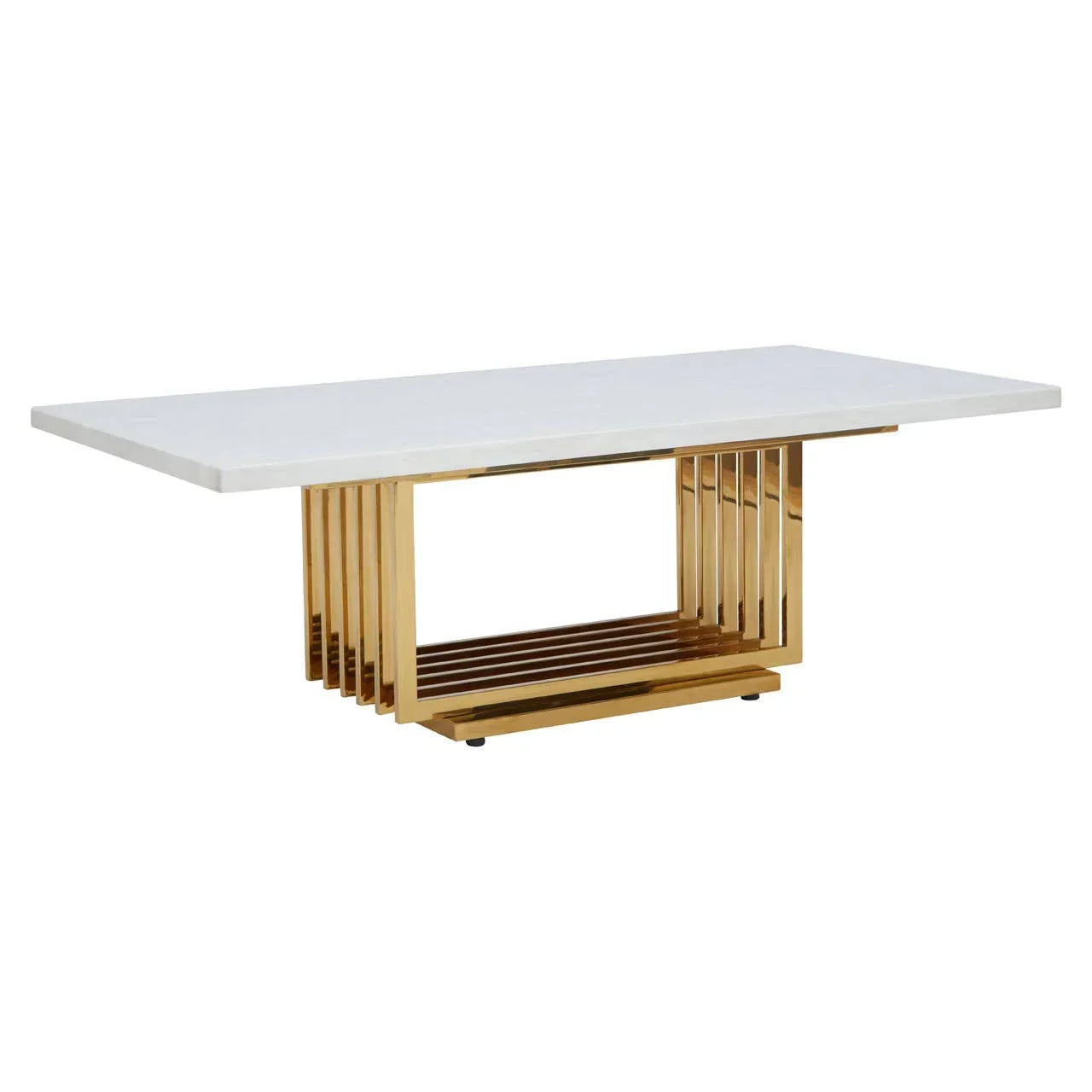 Rectangular marble dining table with gold metal base, modern geometric design