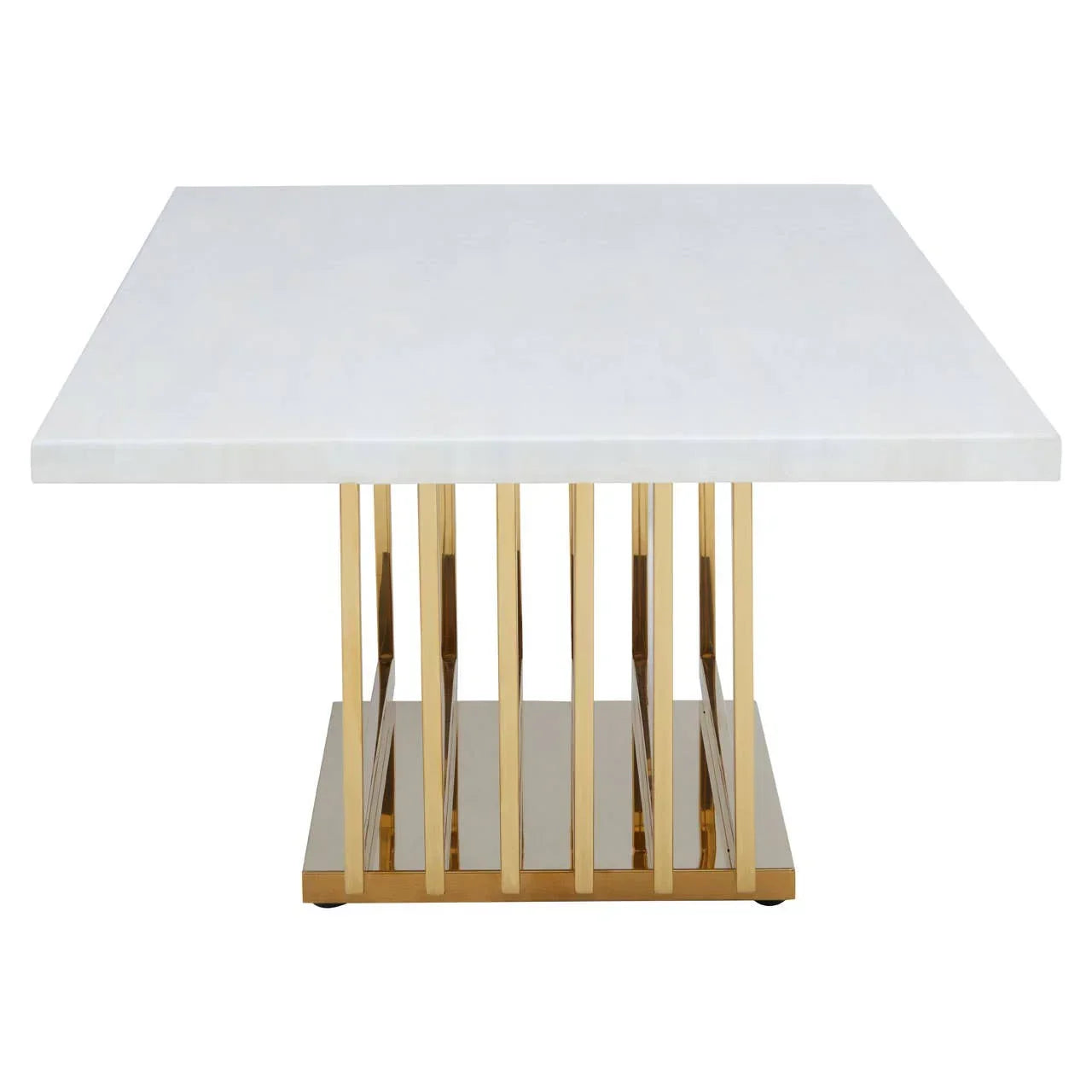 Square coffee table with white top and gold metal slatted base, front view