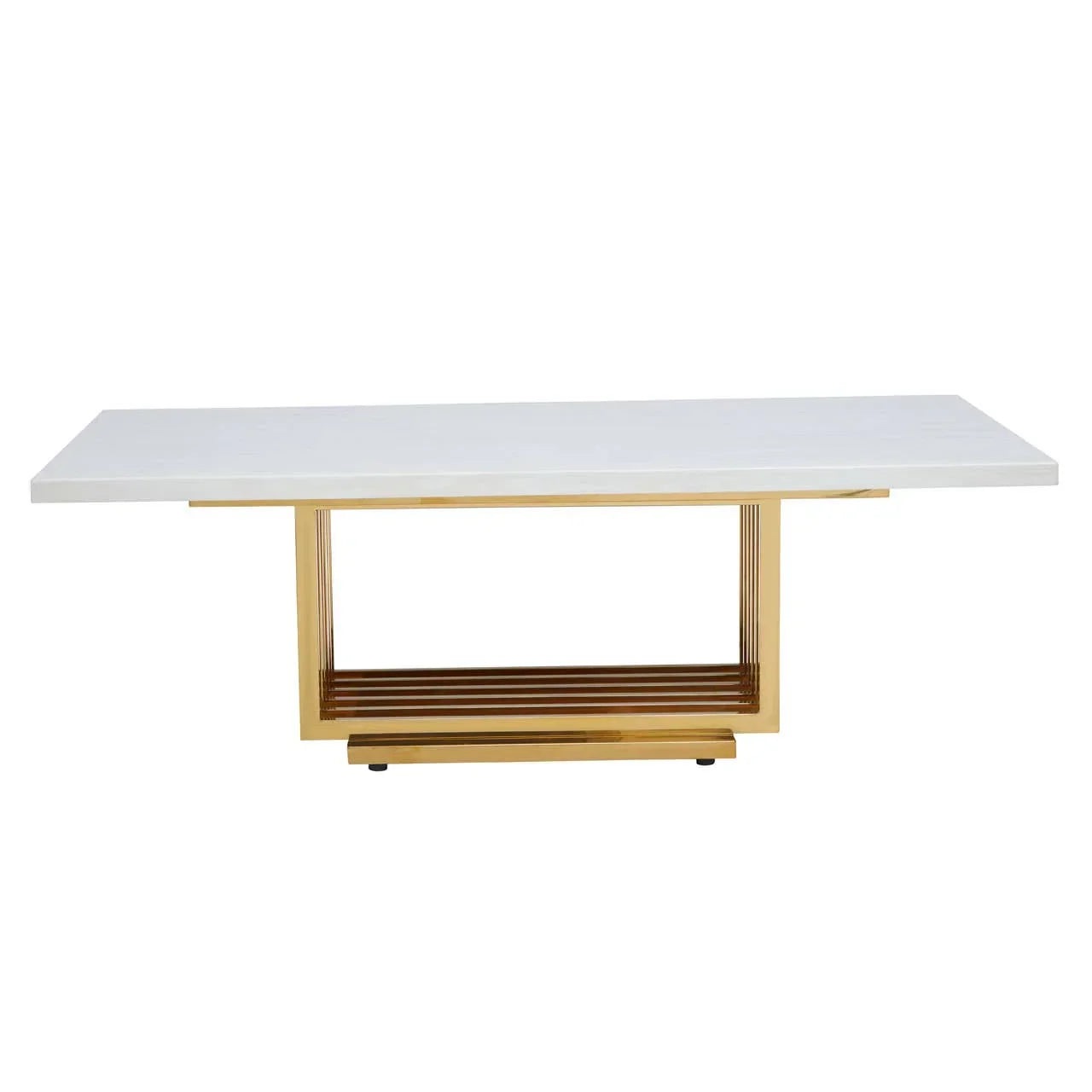Rectangular dining table with white marble top and gold metal geometric base