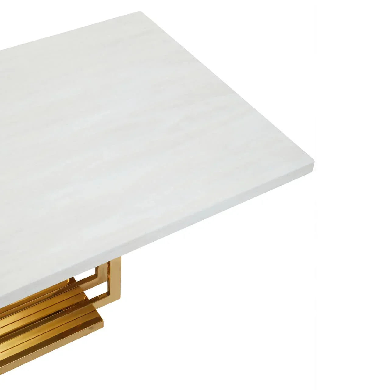 White marble coffee table with gold metal base, close up of tabletop corner and leg design